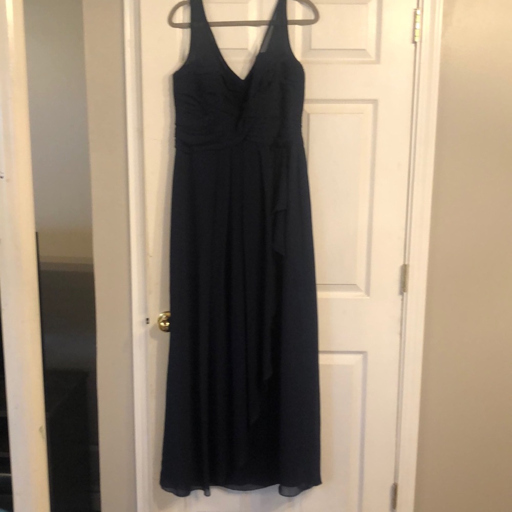 David's Bridal Navy V-Neck Chiffon A-Line Dress